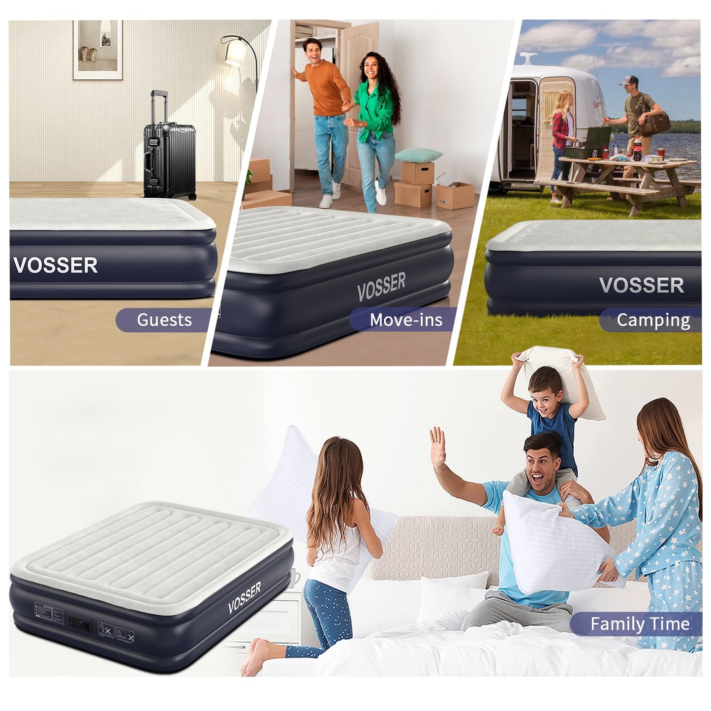 VOSSER Air Mattress Queen with Built in Pump,18'' Inflatable Mattress of Vertical Beams,Self Inflatable/Deflation Blow Up Mattress in 3 Mins,Flocked Top Airbed with Carry Bag for Home, Camping