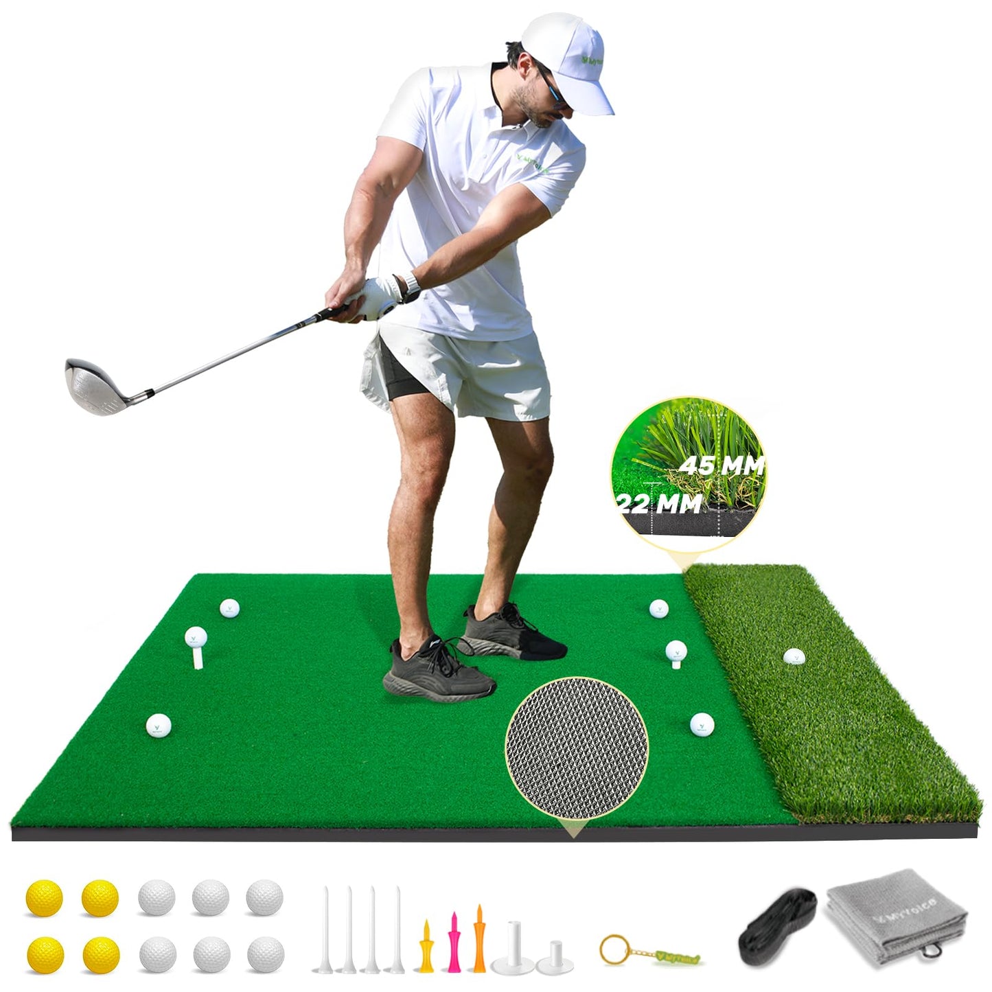 MyVoice Golf Hitting Mat - Pro 5x4ft | Premium Indoor/Outdoor Training Mat for Chipping, Swing, Driving | 2 Grass Turf Options, Thickened Design (21/45mm) | High-Elastic, Non-Slip Base
