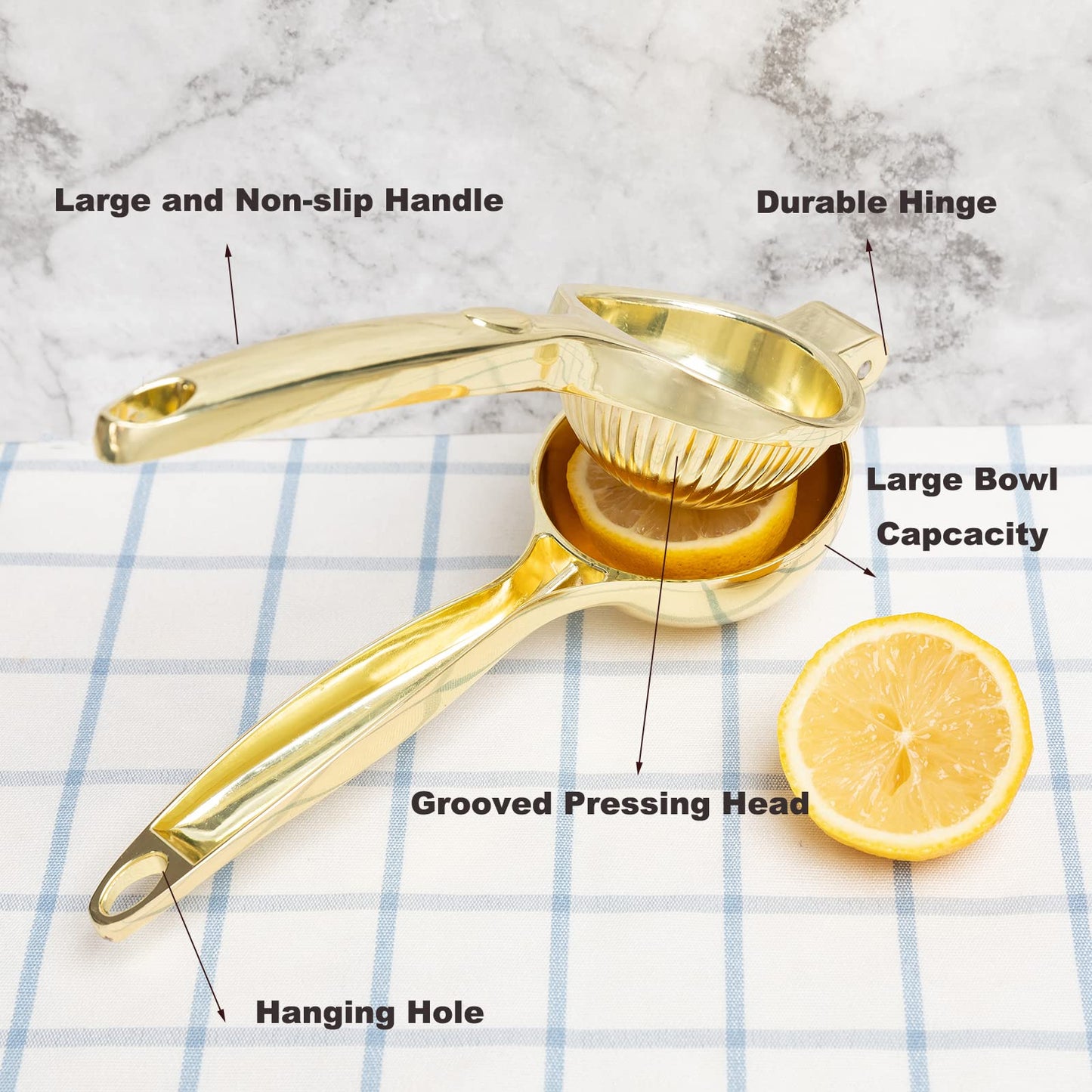 Lemon Squeezer, Heavy Duty Zinc Manual Lemon Juicer, High Yield Threaded Groove Small Oranges Limes Citrus Juicer Hand Press, Juice Maker for Cocktails Home Restaurant Kitchen Utensils(Gold)