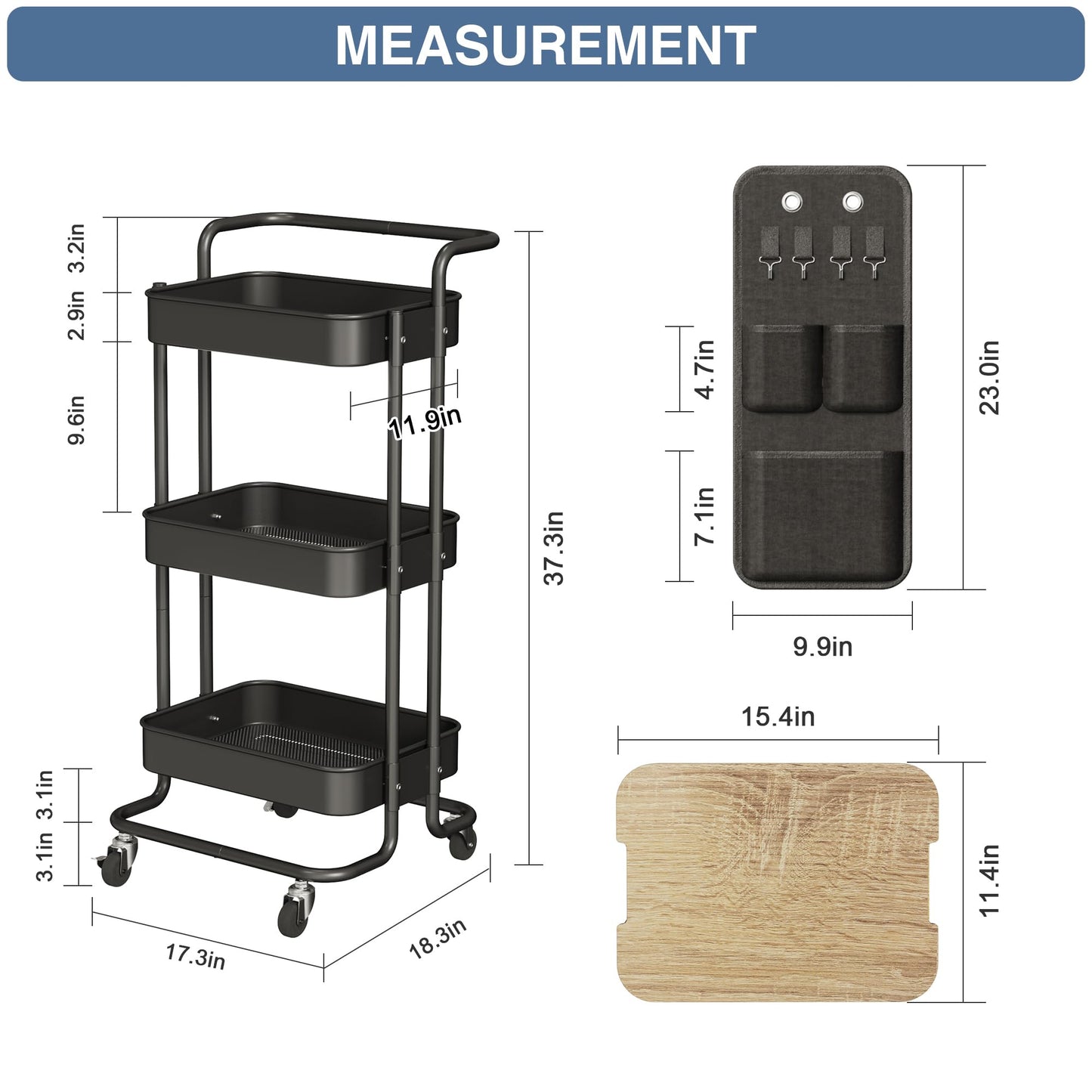 DTK 3 Tier Metal Utility Rolling Cart with Table Top and Side Bags, Tray Storage Organizer Wheels, Art Craft 4 Hooks for Kitchen Bathroom Office Living Room (Black)