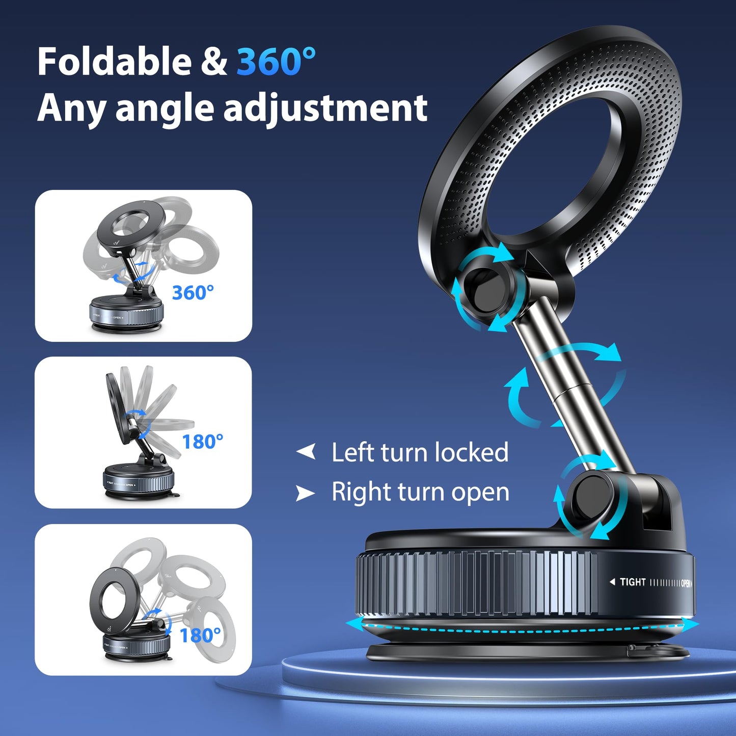 CreaDream Car Phone Mount for Magsafe, Ultra Strong Vacuum Magnetic Suction Cup Cell Phone Holder with 360° Rotation, Foldable Phone Holders for Your Car, Car Accessories for All Smartphones(Black)