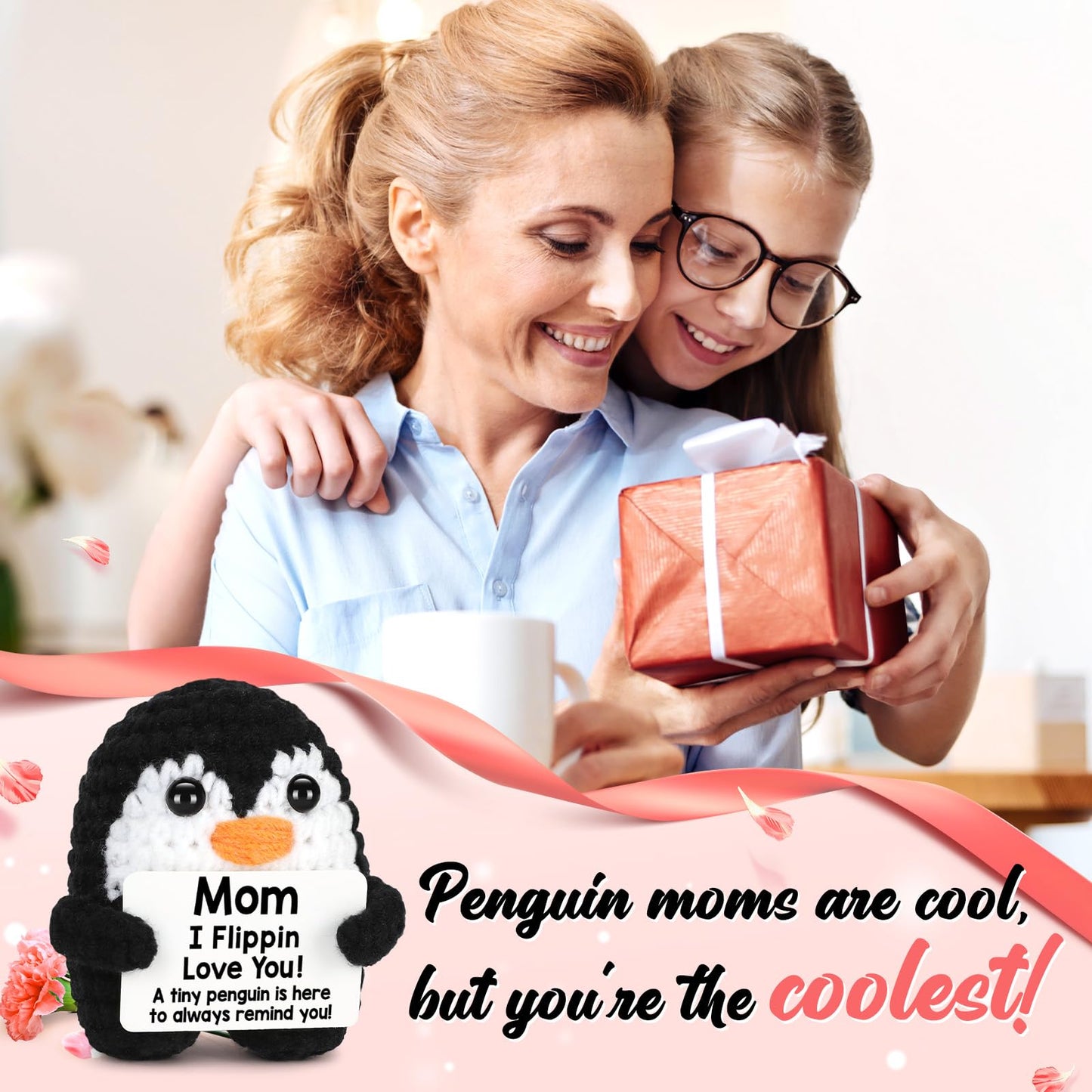 Gifts for Mom Mothers Day from Daughter Son, Handmade Crochet Penguin Mom Gifts for Birthday Mother‘s Day Mommy Mother in Law Bonus Step Mothers, Funny I Love You Mum Present Emotional Cute Decor