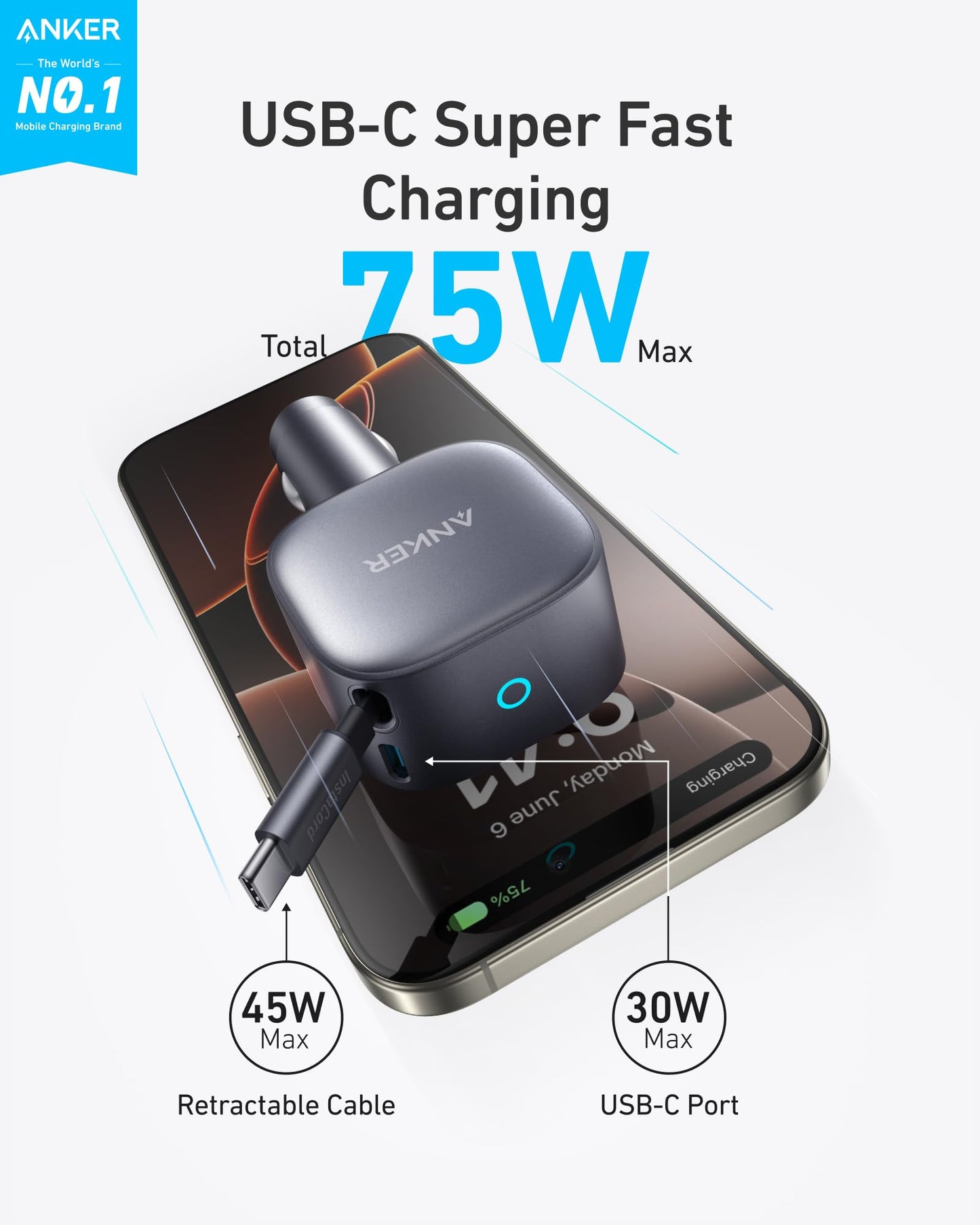 Anker USB-C Car Charger, 75W Max, Ultra-Compact, Type-C Fast Charger with Built-in Retractable USB-C Cable, Car Adapter for iPhone 16/15 Series, MacBook Pro/Air, iPad, Galaxy, AirPods, and More