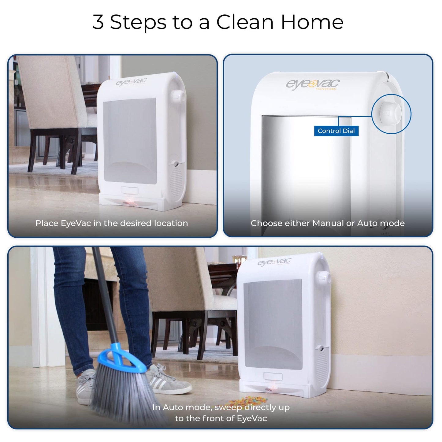 EyeVac Pro Touchless Vacuum Automatic Dustpan - Ultra Fast & Powerful - Great for Sweeping Salon Pet Hair Food Dirt Kitchen, Corded Canister Vacuum, Bagless, Automatic Sensors, 1400 Watt (White)
