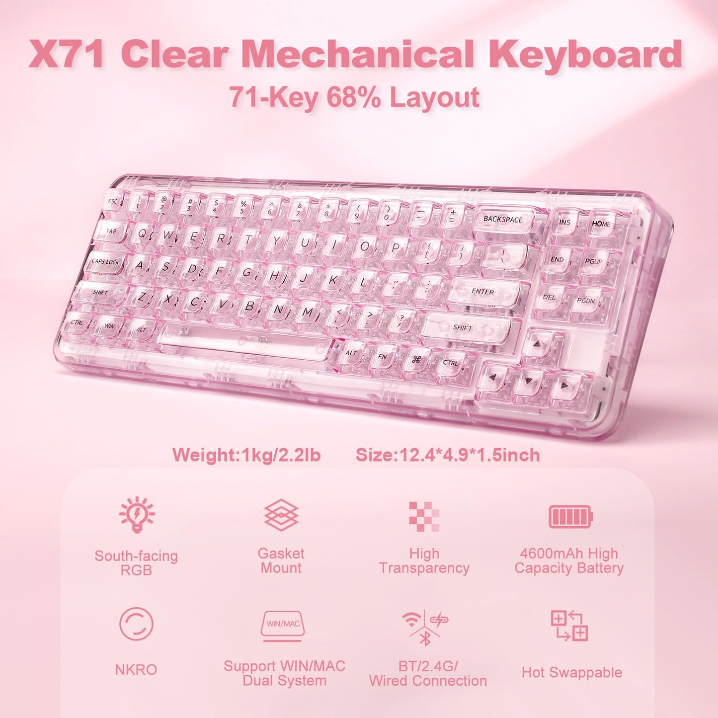 YUNZII X71 Wireless Hot Swappable Transparent Mechanical Keyboard with Clear Keycaps, 68% Layout, BT5.0/2.4G/USB-C Gasket Mount Wireless RGB Backlit for Windows/Mac(Crystal Ice Switch,Pink)