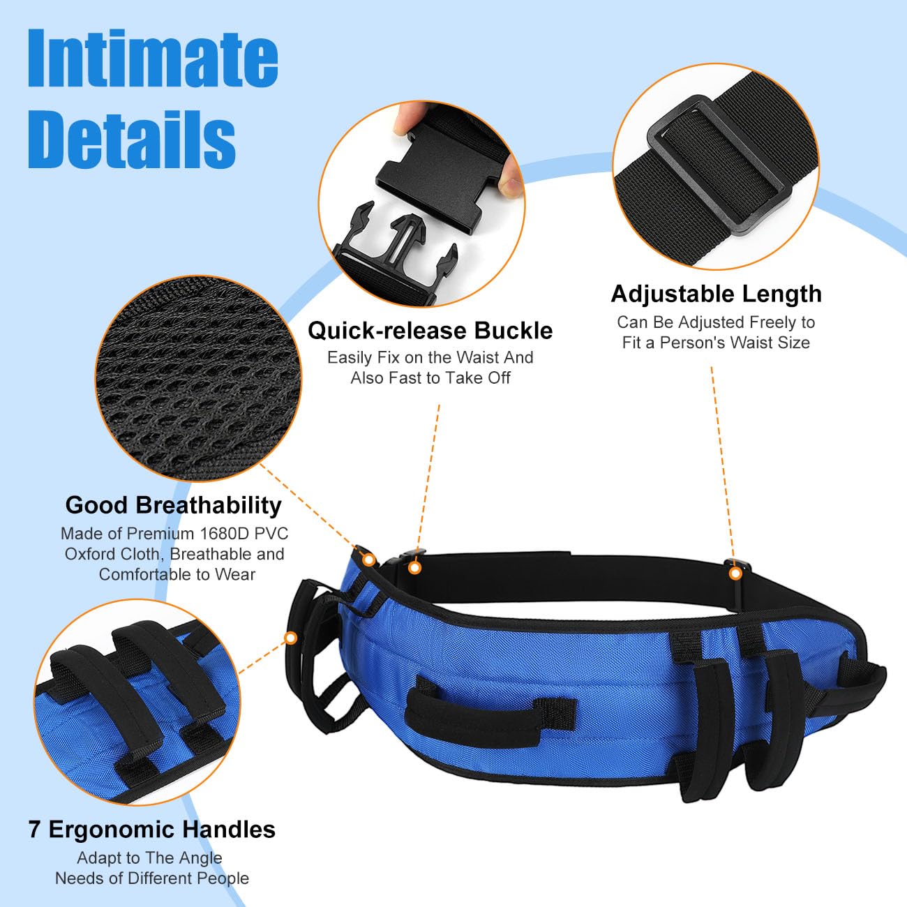 Gait Belt for Senior with 7 Handles, Rhino Valley 59" Anti-Slip Gate Belts Medical for Elderly, Transfer Belt with Quick Release Buckle, Elderly, Physical, Handicap, Bariatric Therapy, Blue & Black