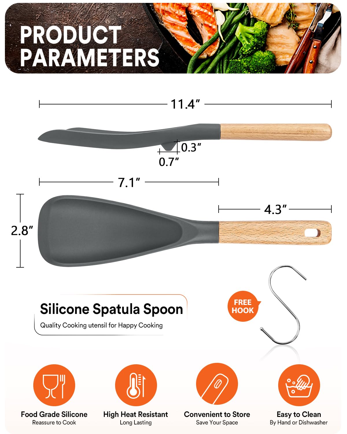 Cooking Spoon for Nonstick Cookwares, Great for Cooking and Serving Sturdy BPA-Free Matte Silicone, Wood Handle Spoon for Mixing, Scoop, and Scrape (GREY)