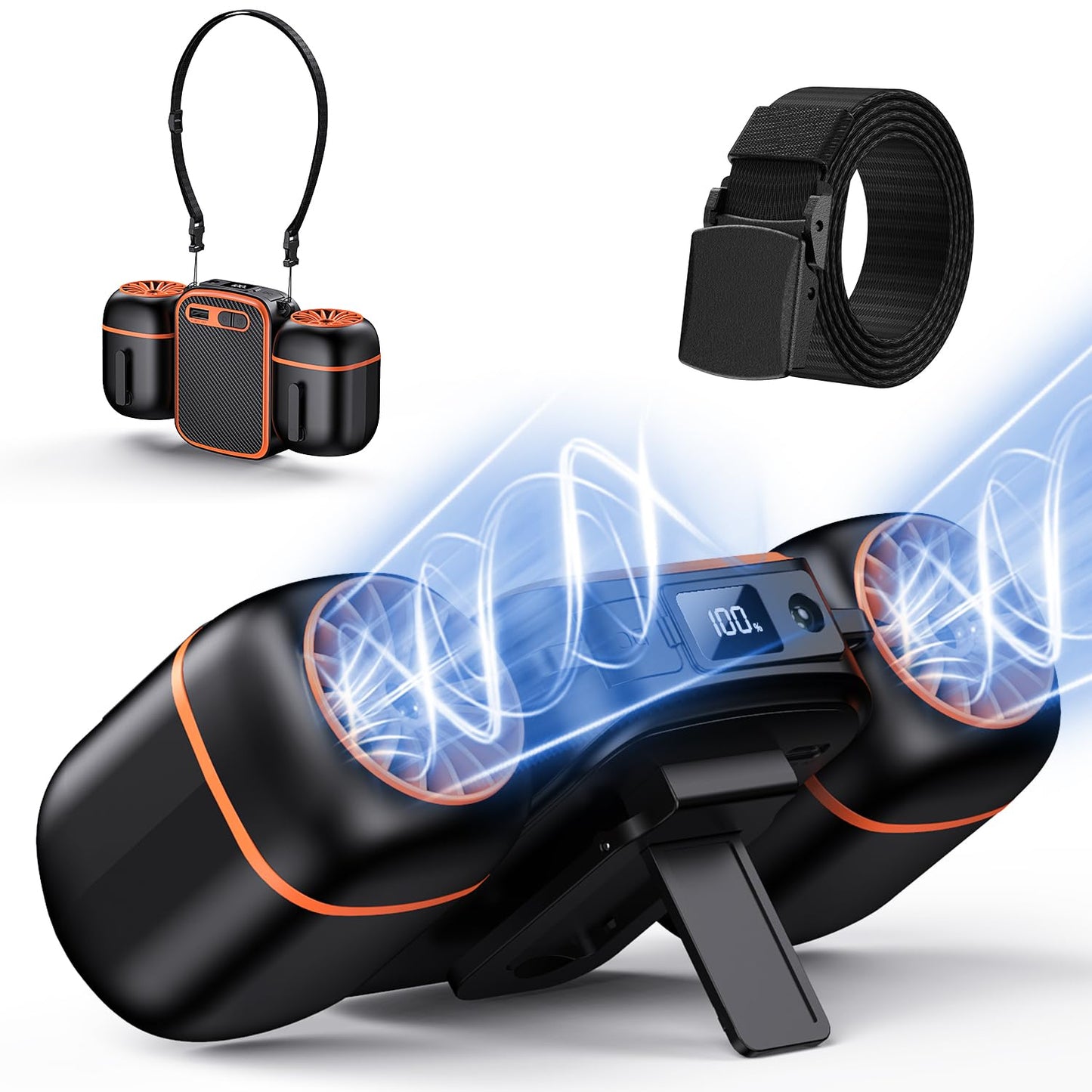 Dogean 2025 Portable Waist Fan with Dual Small Fans for 10 times Strong Wind & Wide Cooling Area 10000mAh Battery Over 30H Working Time Hands-Free Fan with Belt for Outdoor, Sports, Travel(223A黑橘色