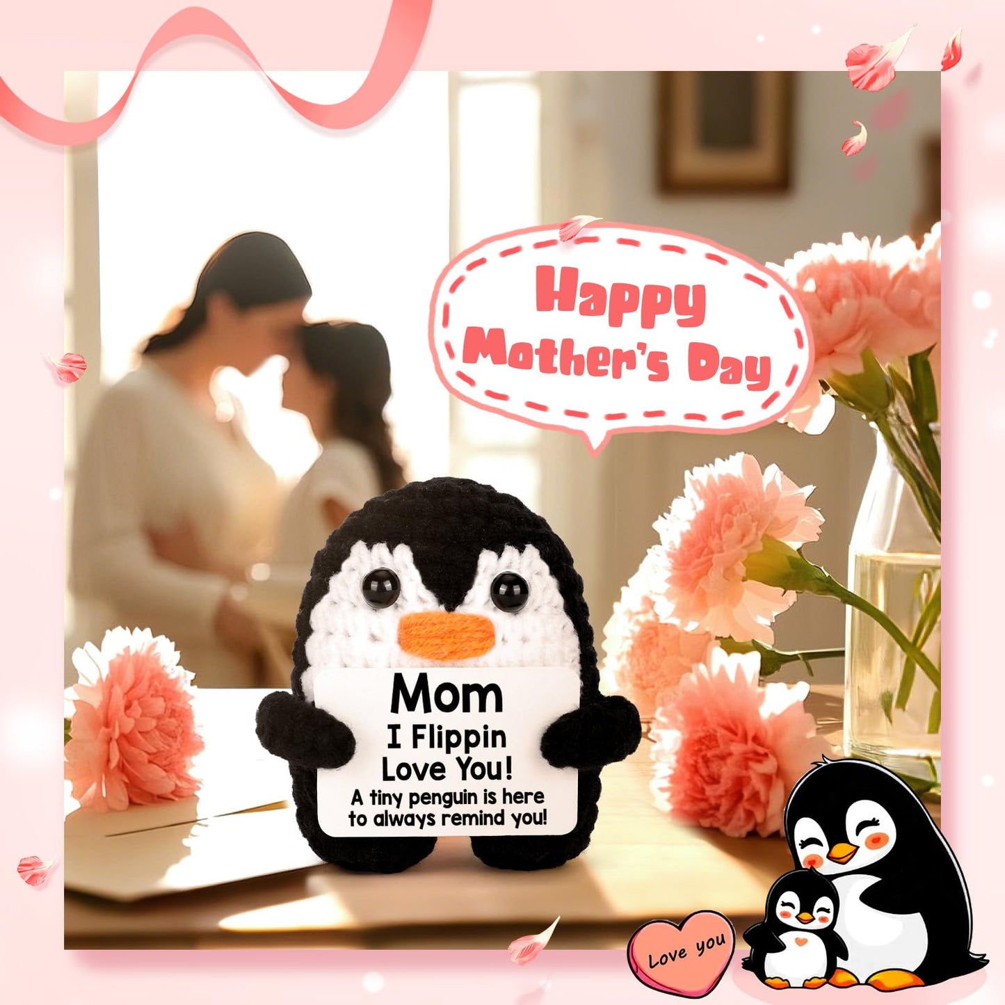 Gifts for Mom Mothers Day from Daughter Son, Handmade Crochet Penguin Mom Gifts for Birthday Mother‘s Day Mommy Mother in Law Bonus Step Mothers, Funny I Love You Mum Present Emotional Cute Decor