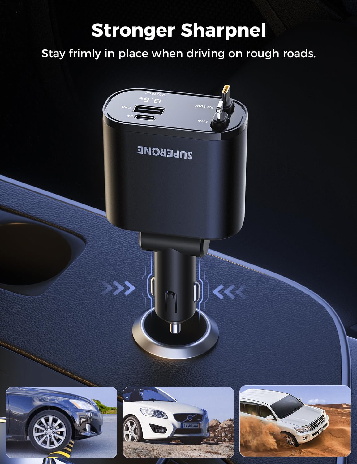 【Upgraded】 SUPERONE Retractable Car Charger 4 in 1, Fast Car Phone Charger with Cord 2.6ft, USB C and Apple Car Adapter, Compatible with iPhone 16 15/15 Pro Max/14/13/12/11, Galaxy, Pixel