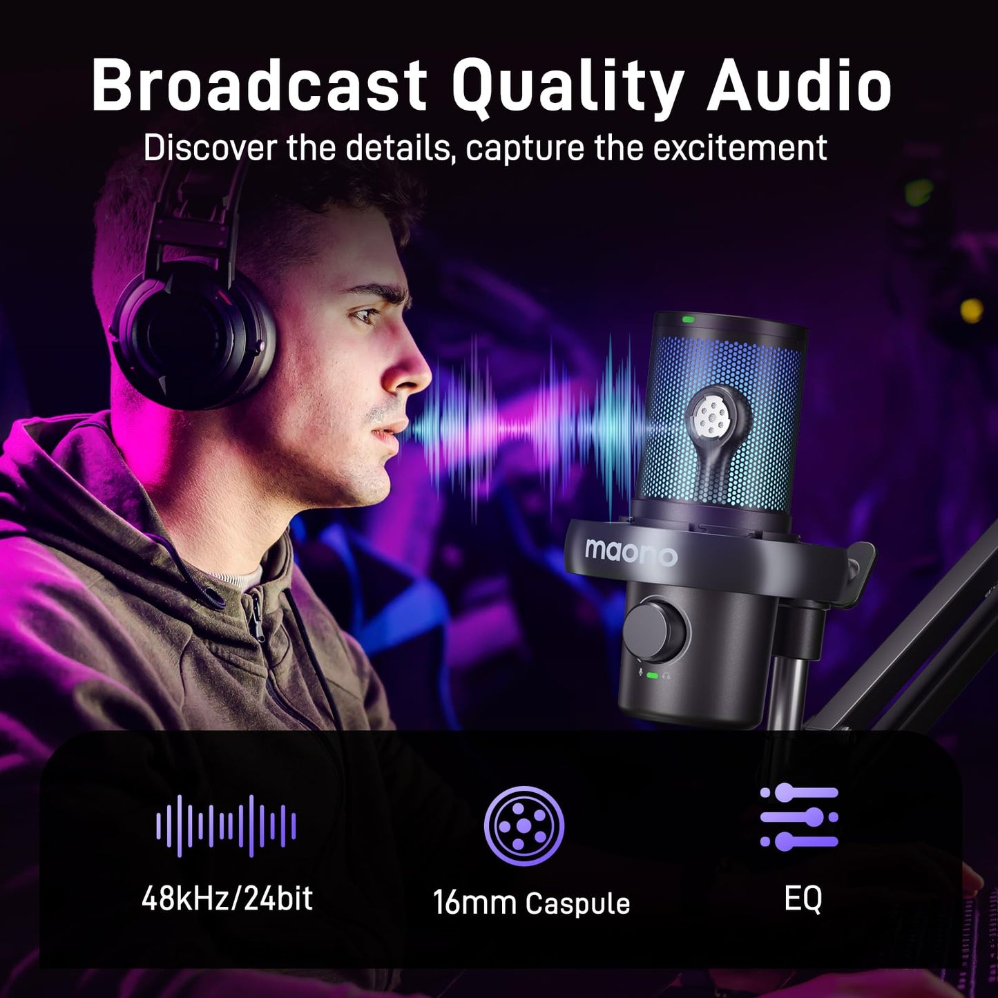 MAONO Wireless Gaming Microphone for PC, Condenser USB Mic with Software AI Voice Change, Noise Cancellation, Custom RGB Lights, Mute,Monitor,Gain Mic for Streaming Recording Podcast DM40 Pro Black