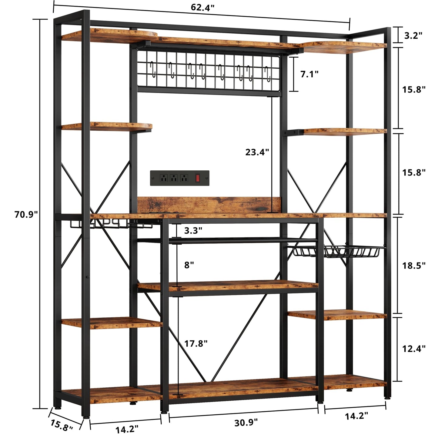IRONCK Large Bakers Rack with Power Outlet, 62 Inch Wide Microwave Stand, Coffee Bar with Storage, Kitchen Racks and Shelves