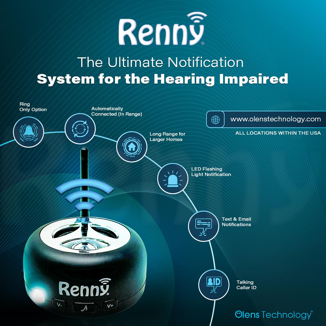 RENNY - Loud Cell Phone Ringer, Amplifier & Flasher for Hearing Impaired & Noisy Environments (117dB) | Wireless Bluetooth Auto-Connect | 5 Selectable Ringtones | No Missed Calls