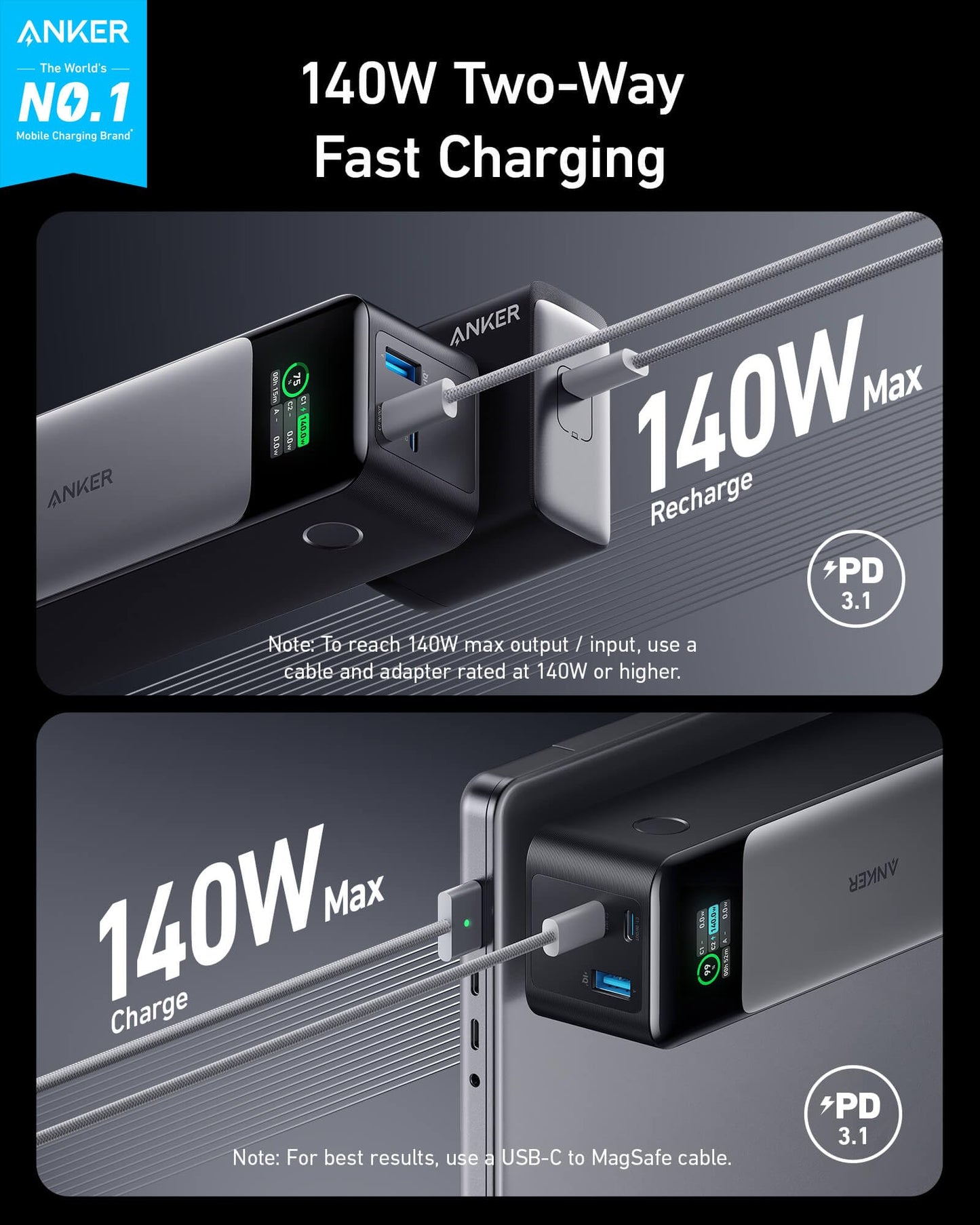 Anker 737 Power Bank, 24,000mAh 3-Port Laptop Portable Charger with 140W Fast Charging, Smart Display, for Outdoor Work, Compatible with iPhone 16/15/14 Series, Vision Pro, Samsung, MacBook, and More