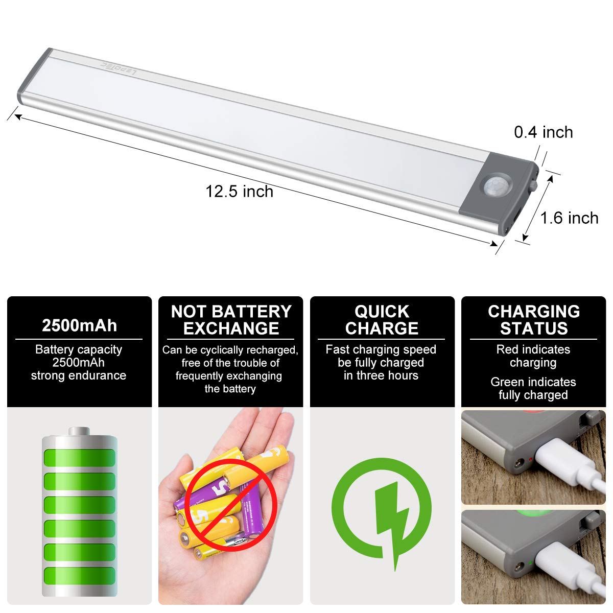 LEPOTEC 54-LED Motion Sensor Cabinet Light,Under Counter Closet Wireless USB Rechargeable Kitchen Night Lights,Battery Powered for Wardrobe,Cabinet,Cupboard(Warm Light)-2Pack