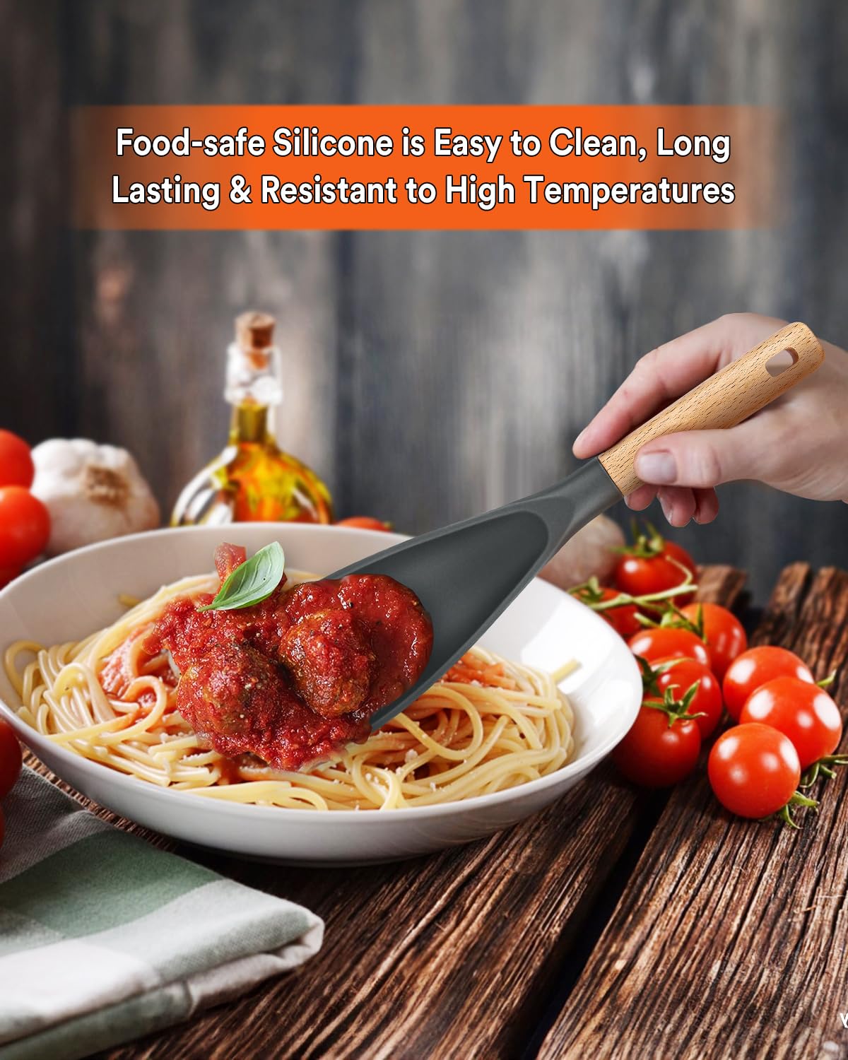Cooking Spoon for Nonstick Cookwares, Great for Cooking and Serving Sturdy BPA-Free Matte Silicone, Wood Handle Spoon for Mixing, Scoop, and Scrape (GREY)
