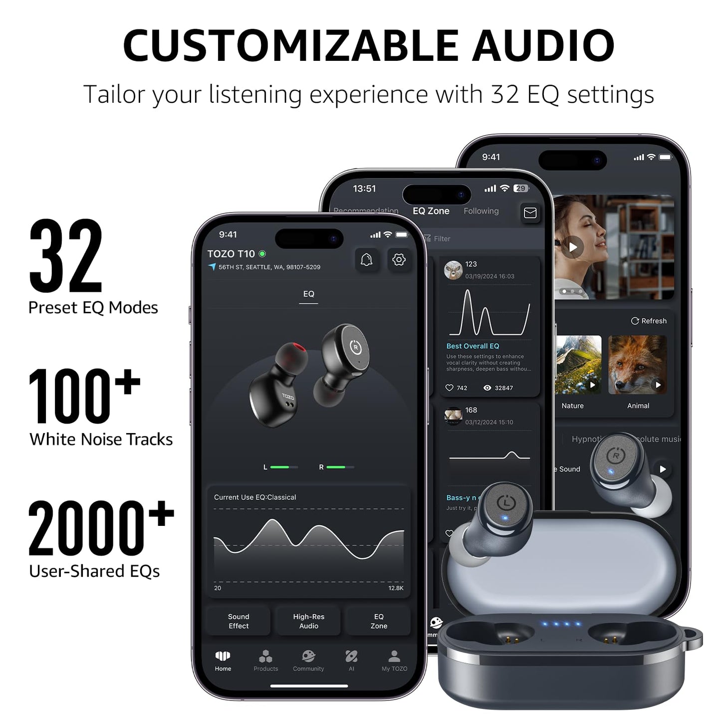 TOZO T10 Wireless Earbuds Bluetooth 5.3 Headphones, App Customize EQ, Ergonomic Design, 55H Playtime, Wireless Charging Case, IPX8 Waterproof Sound in-Ear Headset, 2025 New Version