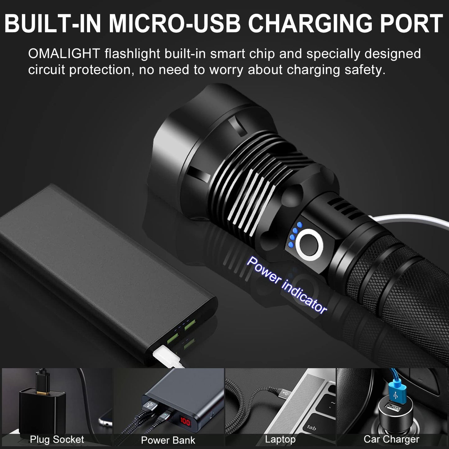 OMALIGHT Rechargeable LED Flashlight, 990000 Lumens XHP90.2 Super Bright Tactical Flashlights with Zoomable 5 Modes Waterproof Flash Light for Camping Emergencies Outdoor Indoor