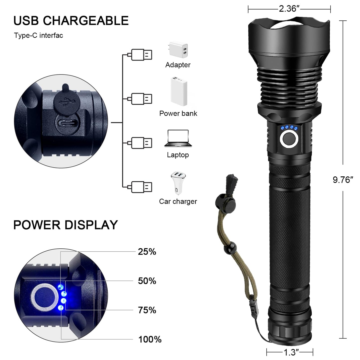 OMALIGHT Rechargeable LED Flashlight, 990000 Lumens XHP90.2 Super Bright Tactical Flashlights with Zoomable 5 Modes Waterproof Flash Light for Camping Emergencies Outdoor Indoor