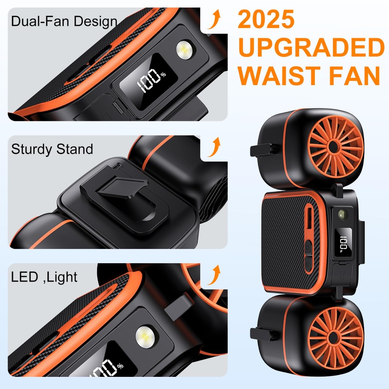 Dogean 2025 Portable Waist Fan with Dual Small Fans for 10 times Strong Wind & Wide Cooling Area 10000mAh Battery Over 30H Working Time Hands-Free Fan with Belt for Outdoor, Sports, Travel(223A黑橘色