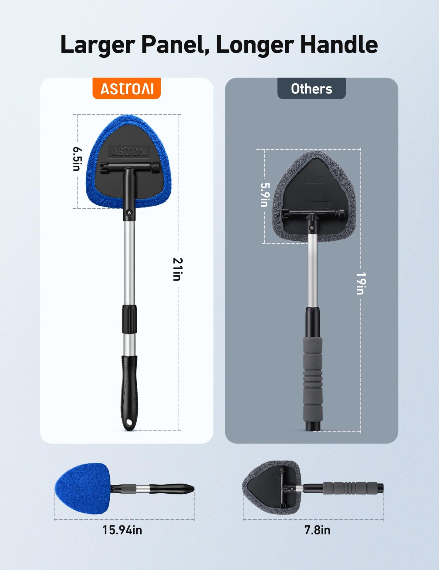 AstroAI Windshield Cleaner Tool, Car Interior Detailing Cleaning Kit with Extendable Handle and 4 Reusable Microfiber Pads, Auto Glass Wiper Brush Kit, Cars, Trucks, SUVs, Blue