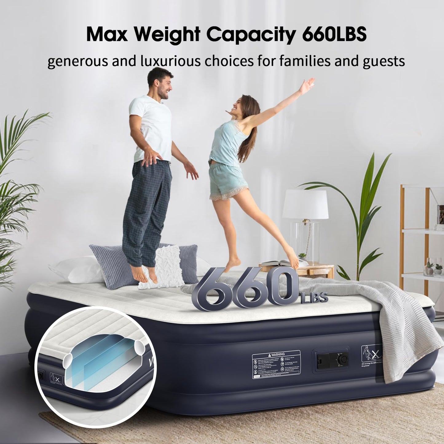 VOSSER Air Mattress Queen with Built in Pump,18'' Inflatable Mattress of Vertical Beams,Self Inflatable/Deflation Blow Up Mattress in 3 Mins,Flocked Top Airbed with Carry Bag for Home, Camping