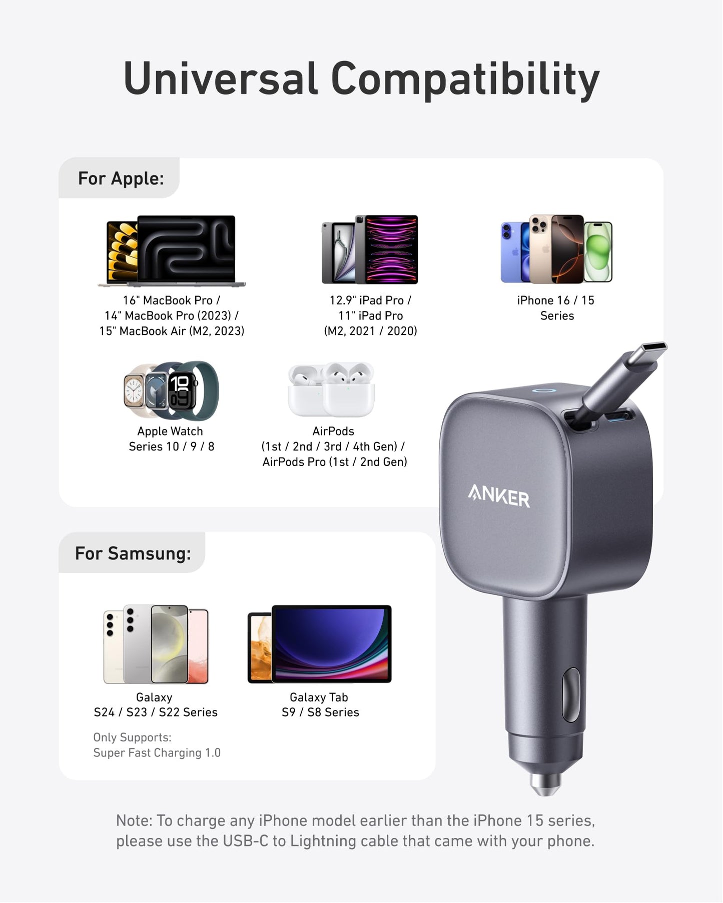 Anker USB-C Car Charger, 75W Max, Ultra-Compact, Type-C Fast Charger with Built-in Retractable USB-C Cable, Car Adapter for iPhone 16/15 Series, MacBook Pro/Air, iPad, Galaxy, AirPods, and More
