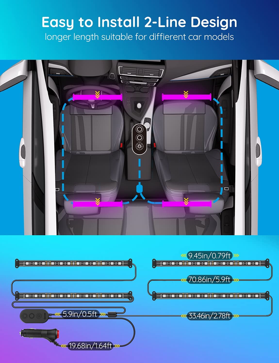 Govee Car LED Lights, Smart Car Interior Lights with App Control, RGB Lights with DIY Mode and Music Mode, 2 Lines Design LED Lights for Cars with Car Charger, 12V