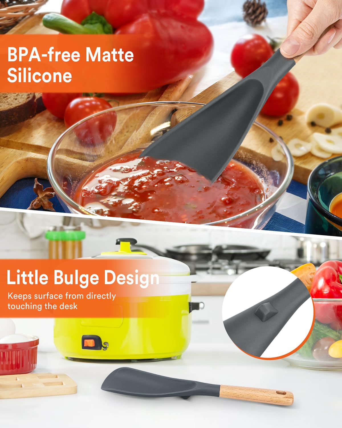 Cooking Spoon for Nonstick Cookwares, Great for Cooking and Serving Sturdy BPA-Free Matte Silicone, Wood Handle Spoon for Mixing, Scoop, and Scrape (GREY)