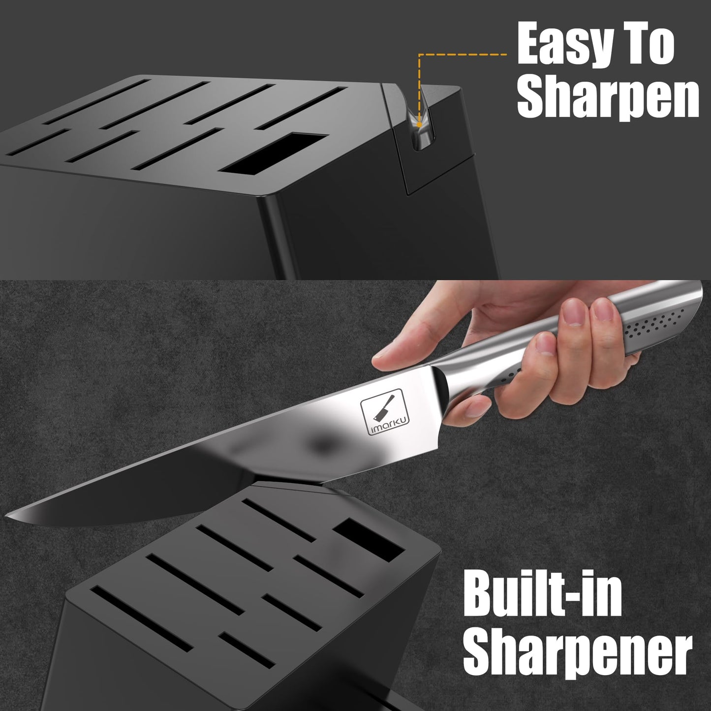 imarku Knife Set,15 PCS Kitchen Knife Set With Block, Premium HC Stainless Steel Knife Block Set With Built-in Sharpener, Kitchen Knives With Ergonomic Handle, Dishwasher Safe, Mothers Day Gifts, Black