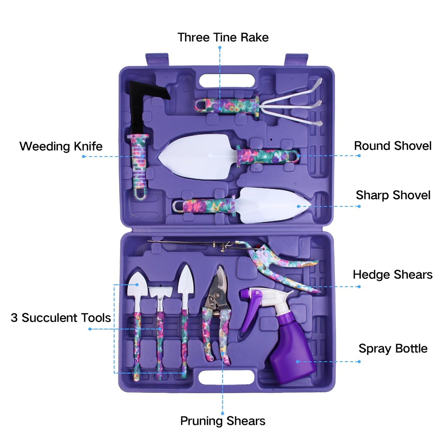 Garden Tools Set, JUMPHIGH 10 Pieces Gardening Tools with Floral Print, Ergonomic Handle Trowel Rake Weeder Pruner Shears Sprayer, Garden Hand Tools with Carrying Case Gardening Gifts for Women