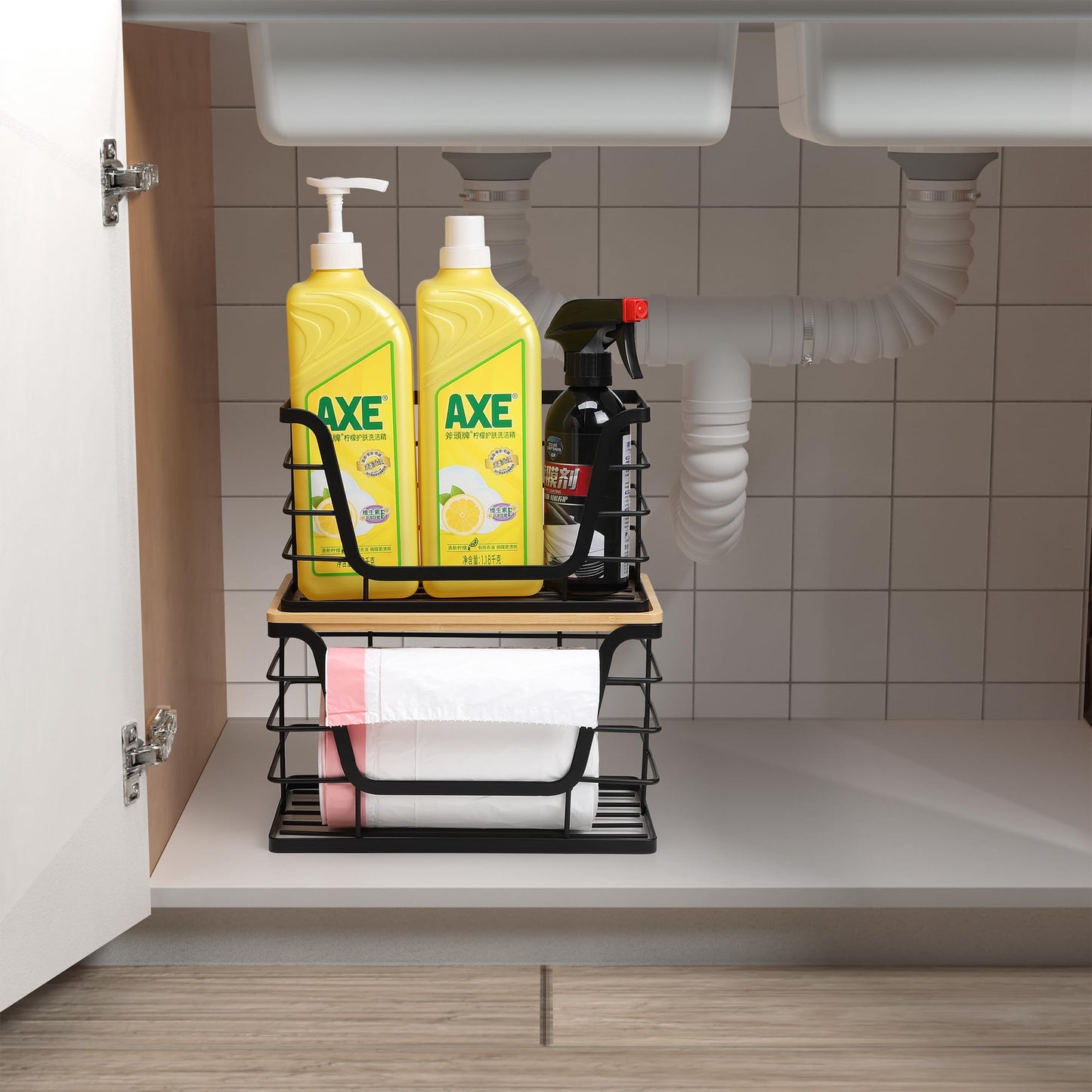 ALOCEO 2 Pack Storage Stackable Kitchen Laundry Organizers with Bamboo Top, Wall Mount Large Trash Bag Holder and Standard Garbage Bag Dispenser