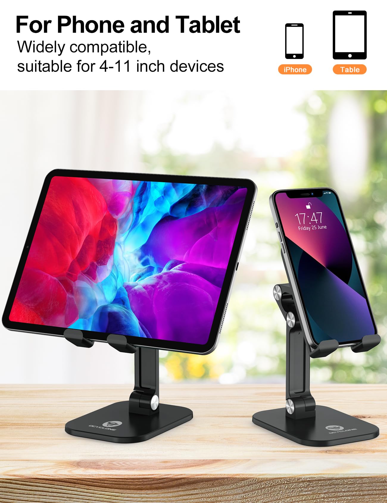 OCYCLONE Phone Stand, Adjustable Height and Angle Foldable Cell Phone Stand Holder for Desk, Taller iPhone Stand Compatible with 4.7"-13" Smartphones iPad Tablet, Black