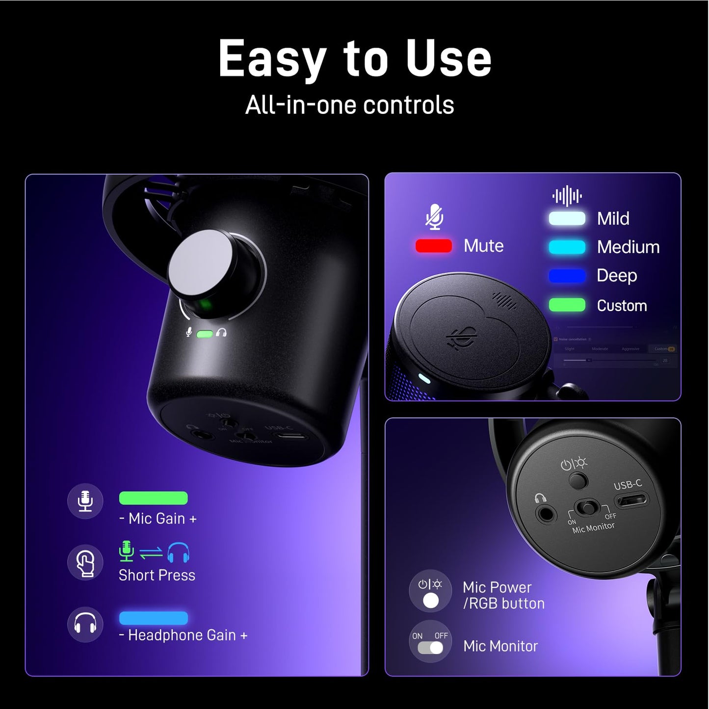 MAONO Wireless Gaming Microphone for PC, Condenser USB Mic with Software AI Voice Change, Noise Cancellation, Custom RGB Lights, Mute,Monitor,Gain Mic for Streaming Recording Podcast DM40 Pro Black