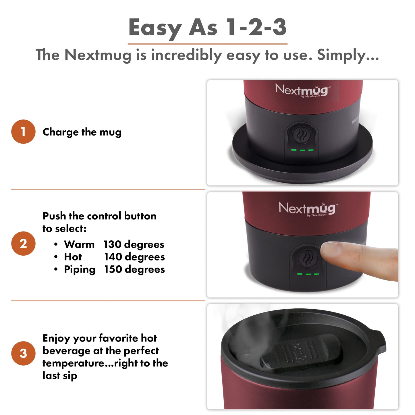Nextmug Go - Temperature-Controlled, Self-Heating Travel Mug (Burgundy - 16 oz.)