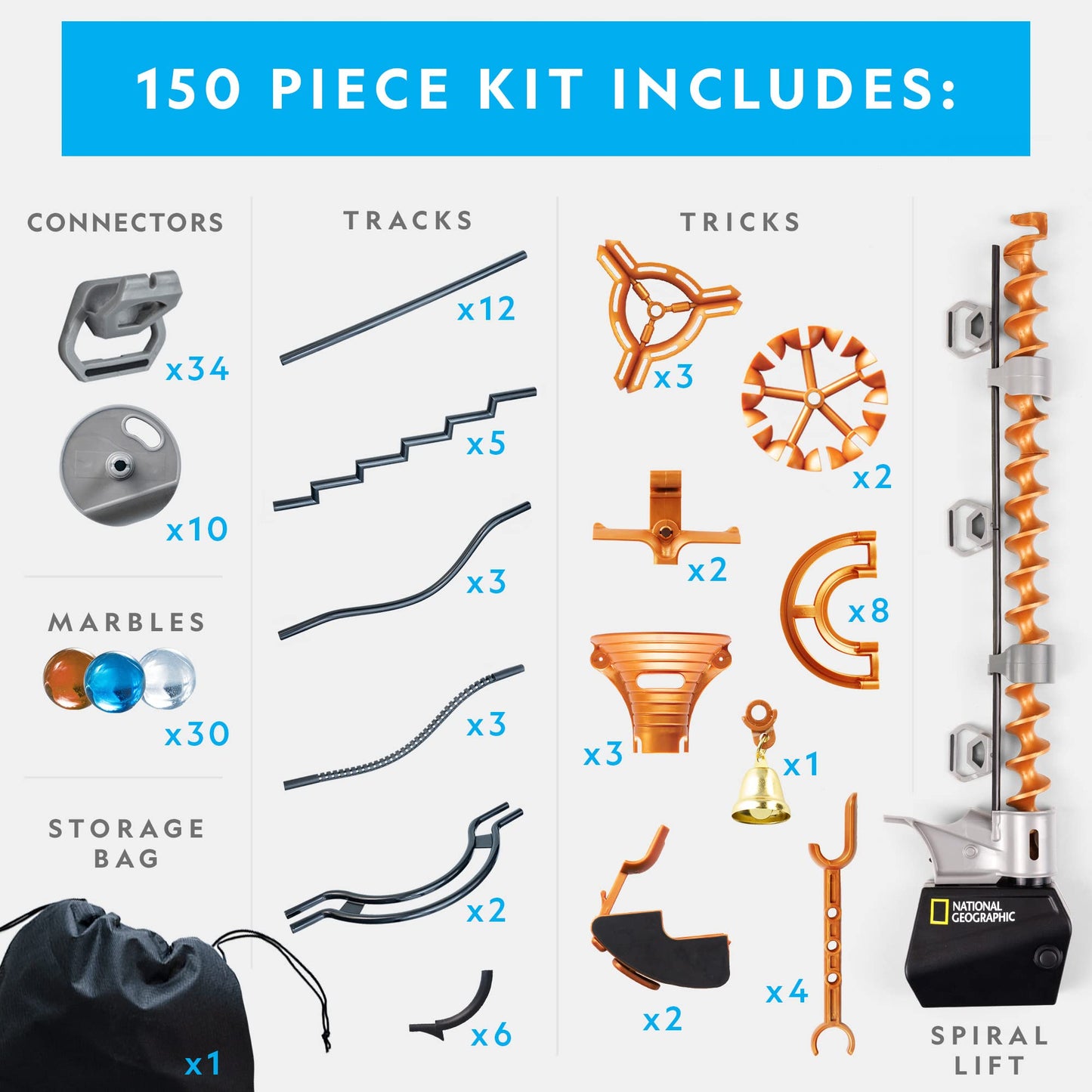 NATIONAL GEOGRAPHIC Magnetic Marble Run - 150-Piece STEM Building Set for Kids & Adults with Magnetic Track & Trick Pieces & Marbles for Building A Marble Maze, STEM Project (Amazon Exclusive)