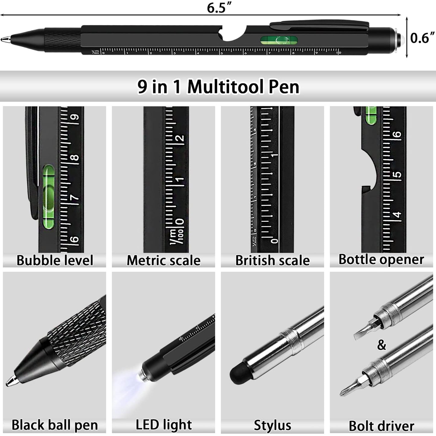 Jishi Multitool Pen Set, 2pcs Multi-Tool Pens, Black & Yellow Aluminum, 9-in-1 & 6-in-1 Functions, Gifts for Men, Stocking Stuffers, Fathers Day, Birthday, Easter, Christmas