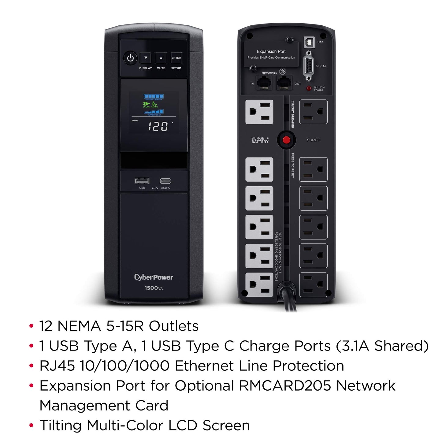 CyberPower CP1500PFCLCD PFC Sinewave UPS System, 1500VA/1000W, 12 Outlets, AVR, Mini Tower,Black