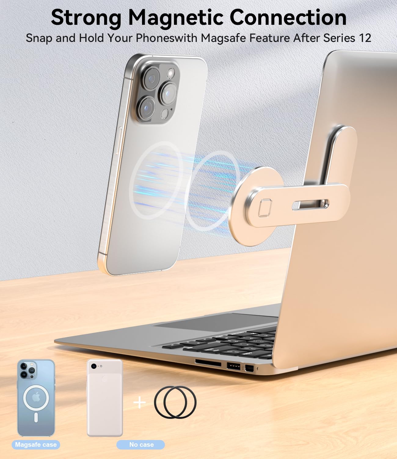 CloudValley Magnetic Phone Holder for Laptop Designed for iPhone 16/15/14/13/12 MagSafe, Adjustable Phone Monitor Side Mount, Slim Portable Foldable Computer Expansion Bracket, Silver