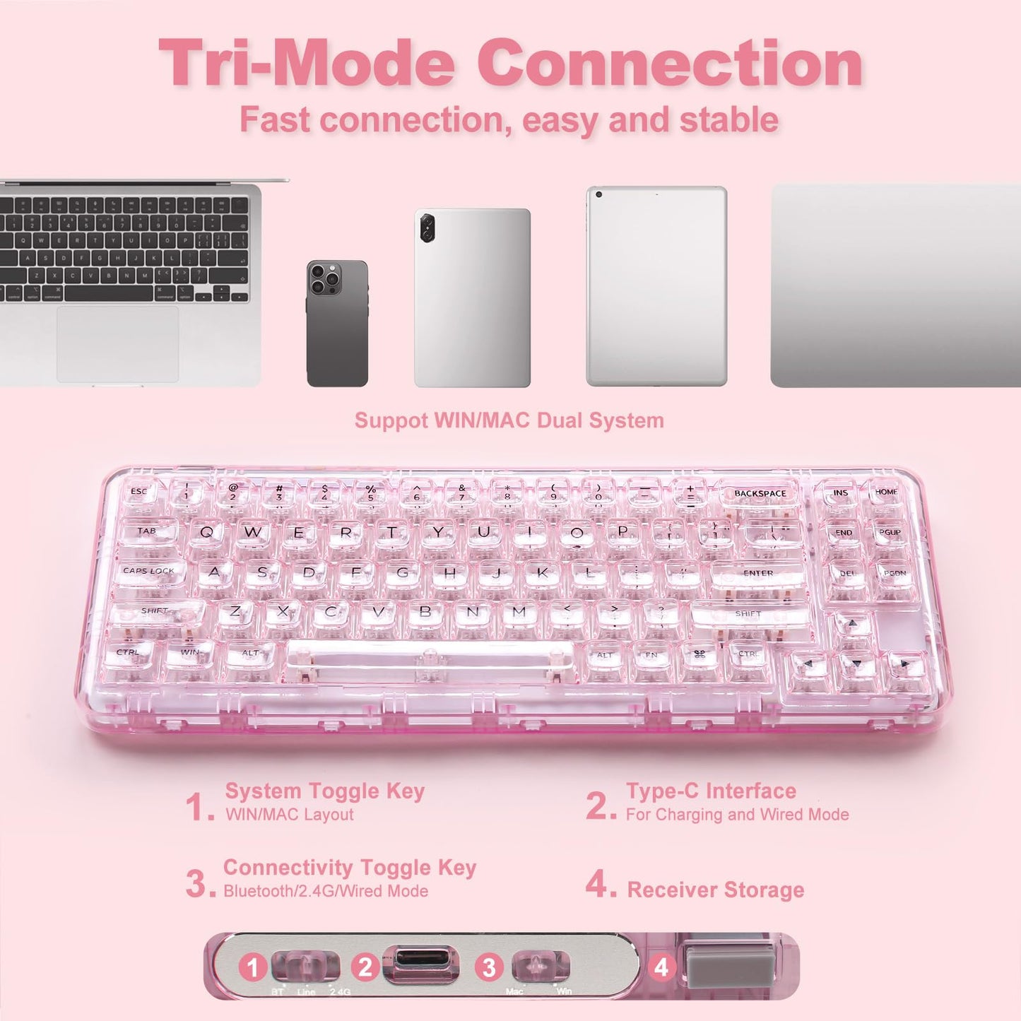 YUNZII X71 Wireless Hot Swappable Transparent Mechanical Keyboard with Clear Keycaps, 68% Layout, BT5.0/2.4G/USB-C Gasket Mount Wireless RGB Backlit for Windows/Mac(Crystal Ice Switch,Pink)