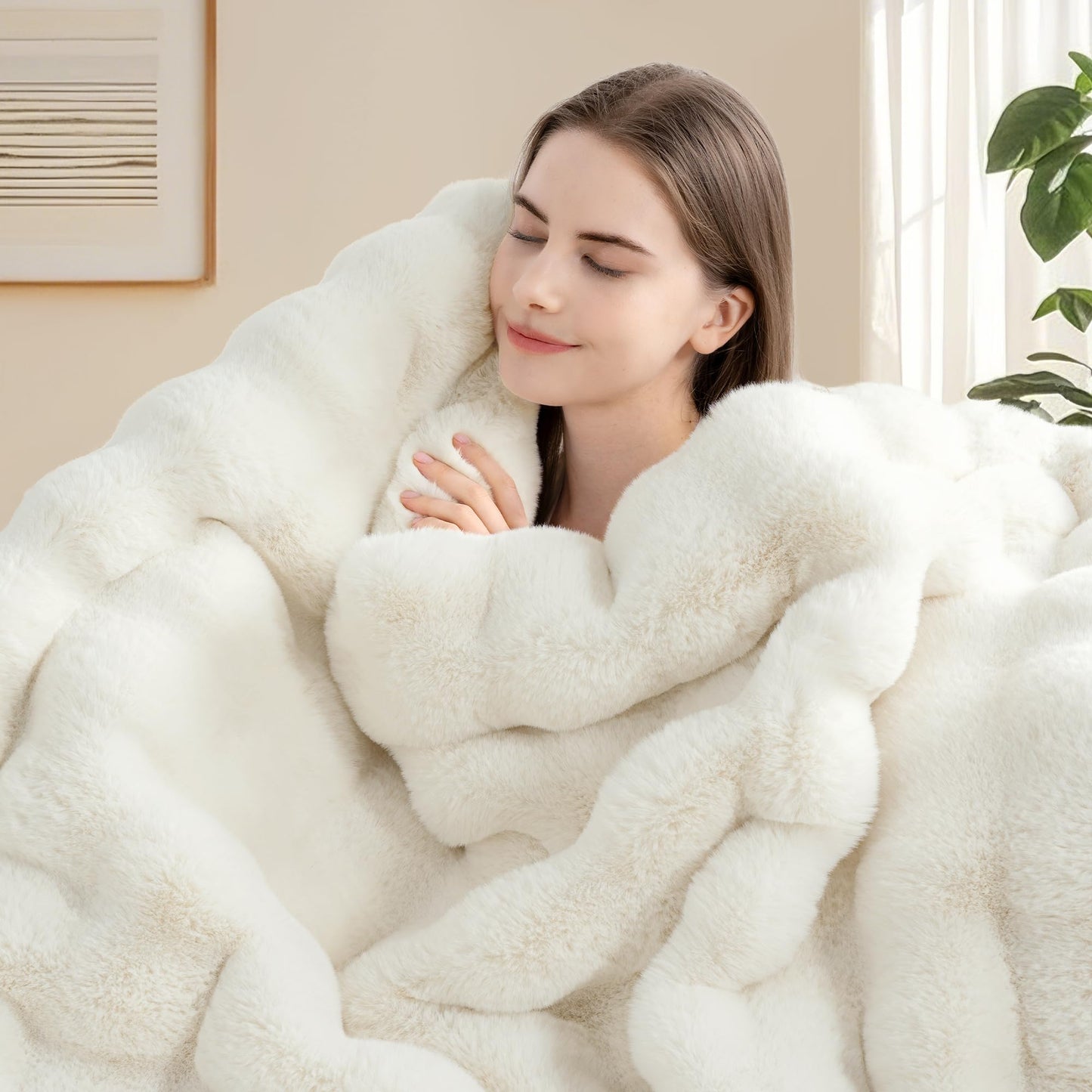 Touchat Luxury 1000GSM Faux Rabbit Fur Throw Blanket, Super Heavy Warm Cozy Blankets for Couch Bed Sofa, Bubble Plush Fuzzy Elegant Soft Reversible Mink Blanket for Living Room Bedroom, Cream White