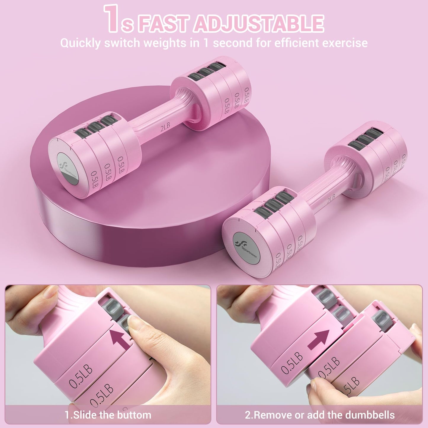 Adjustable Dumbbells Hand Weights Set: Sportneer 1 Pair 0.9-4.5KG (0.9-2.3KG) Fast Adjust Dumbbell Weight 6 In 1 Free Weights Barbells For Women Men Home Gym Workout Exercise Strength Training