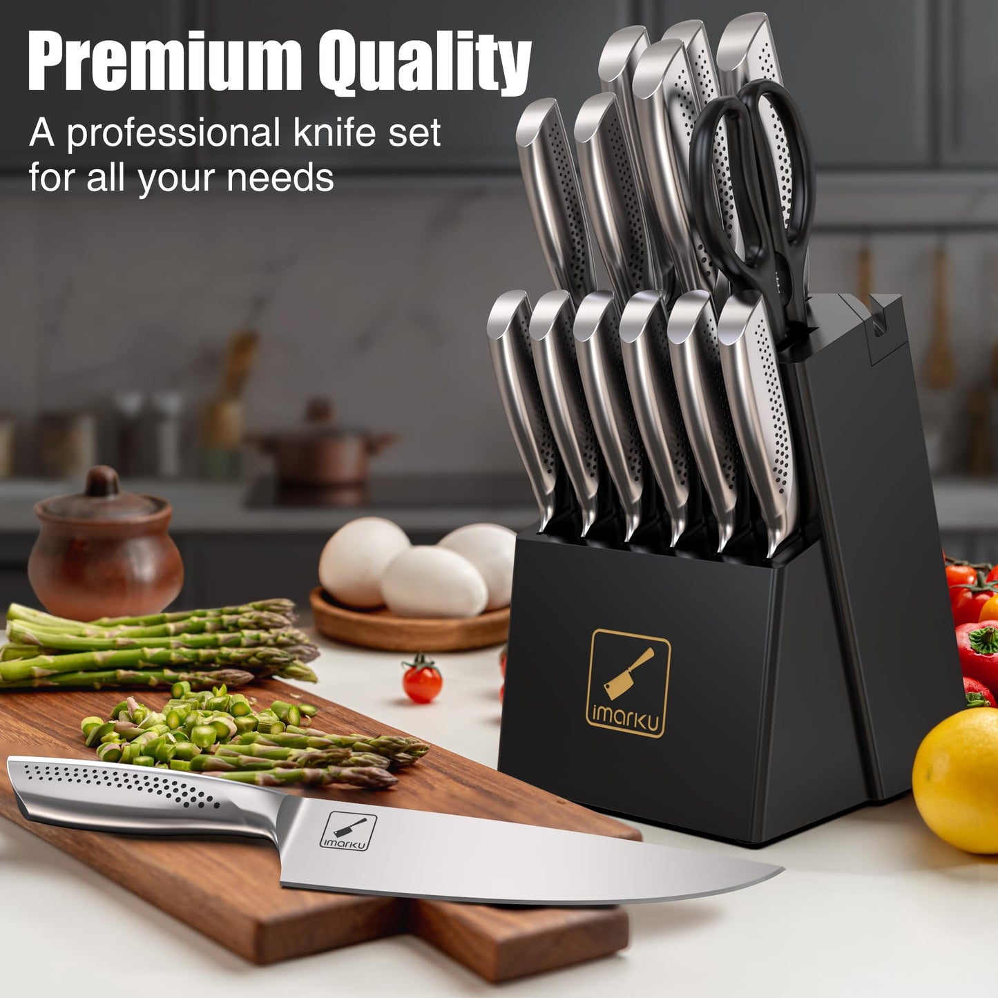 imarku Knife Set,15 PCS Kitchen Knife Set With Block, Premium HC Stainless Steel Knife Block Set With Built-in Sharpener, Kitchen Knives With Ergonomic Handle, Dishwasher Safe, Mothers Day Gifts, Black