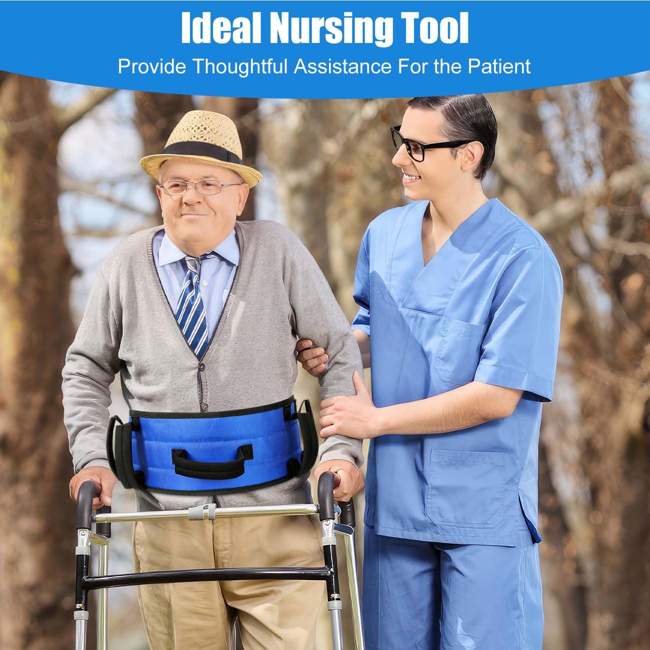 Gait Belt for Senior with 7 Handles, Rhino Valley 59" Anti-Slip Gate Belts Medical for Elderly, Transfer Belt with Quick Release Buckle, Elderly, Physical, Handicap, Bariatric Therapy, Blue & Black
