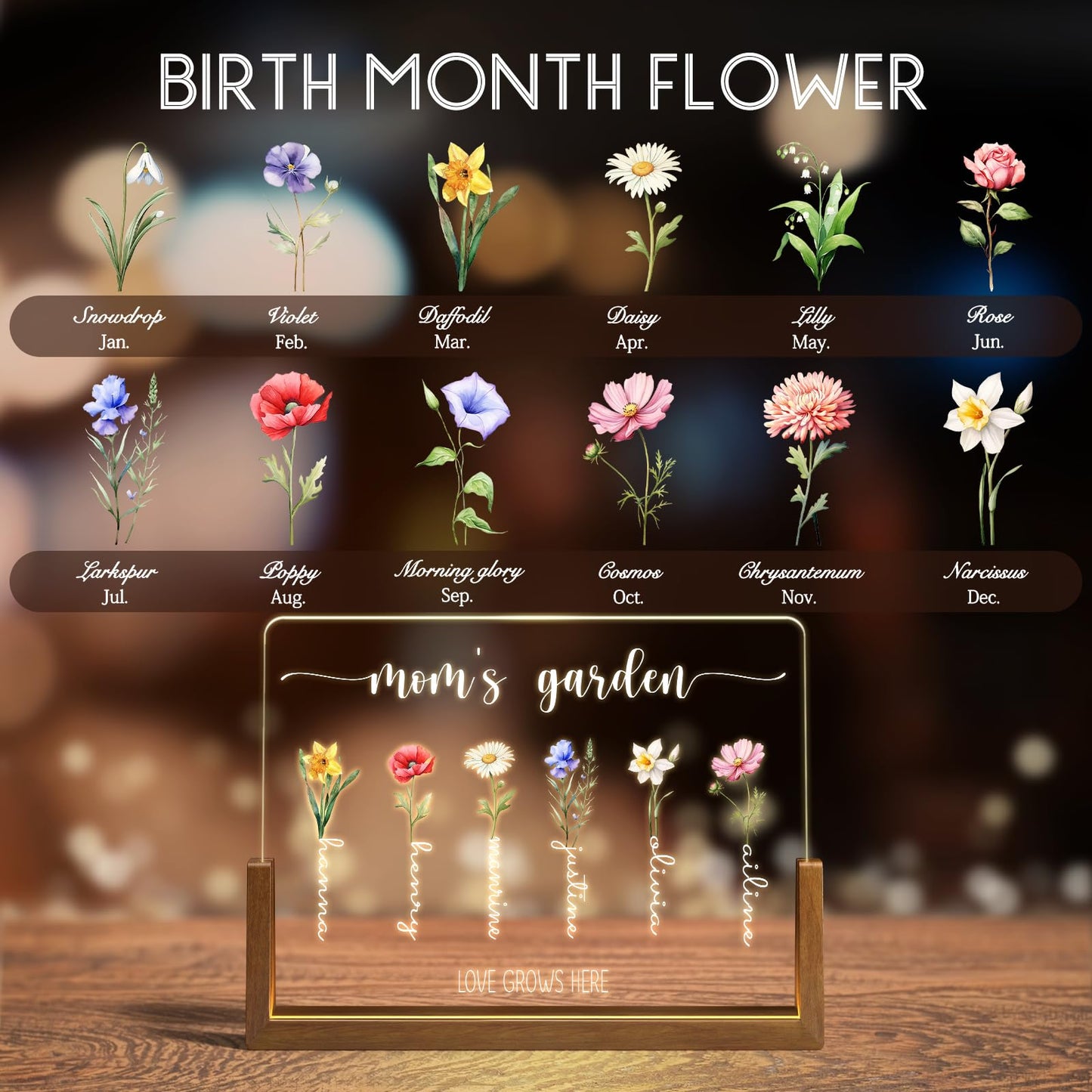 LUCKOR Mothers Day Gifts for Mom, Grandma, Custom Mom Gifts for Mothers Day from Daughter Son Kids, Customized Birth Month Flower with Names, Personalized Grandma Birthday Gifts