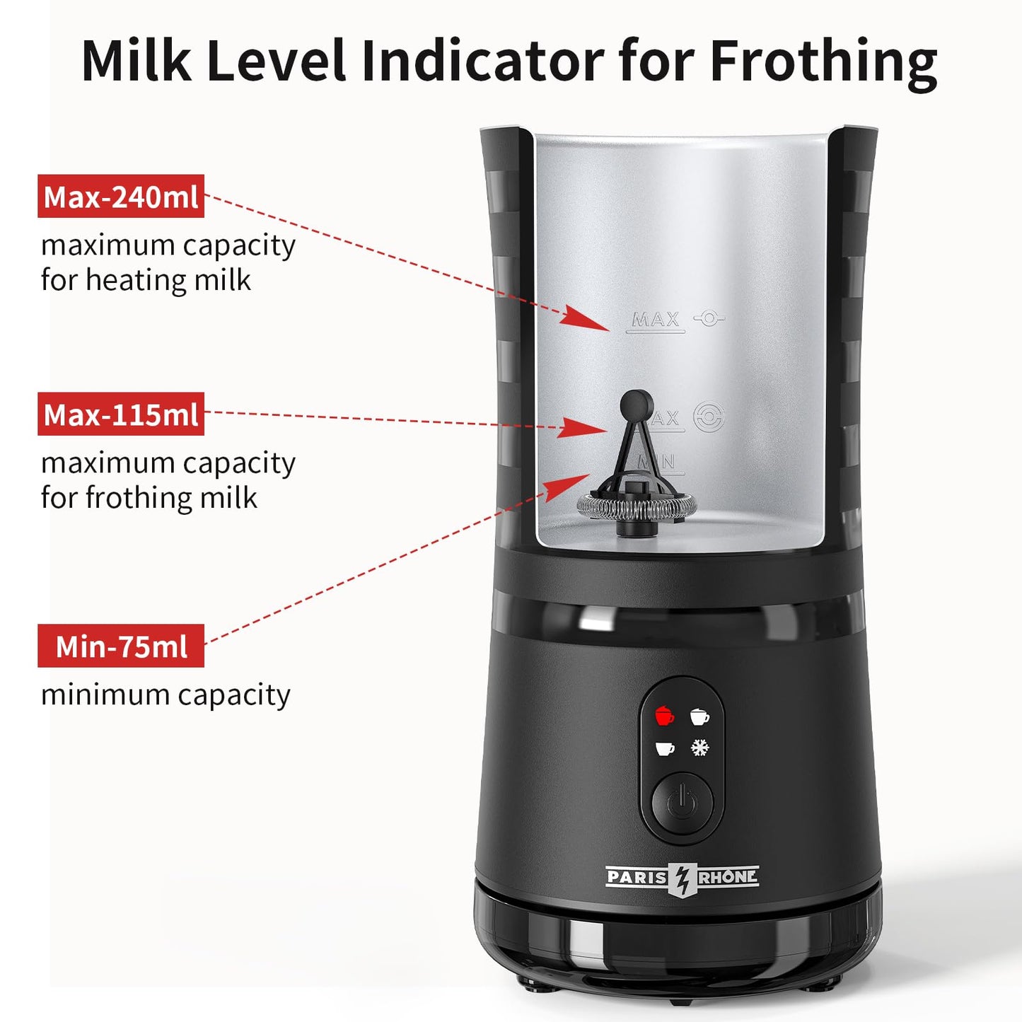 Paris Rhône Milk Frother, 4-in-1 Milk Steamer and Frother, Hot & Cold Foam Milk Warmer with Temperature Control, Auto Shut-Off Frothers for Coffee, Latte, Cappuccino, Macchiato