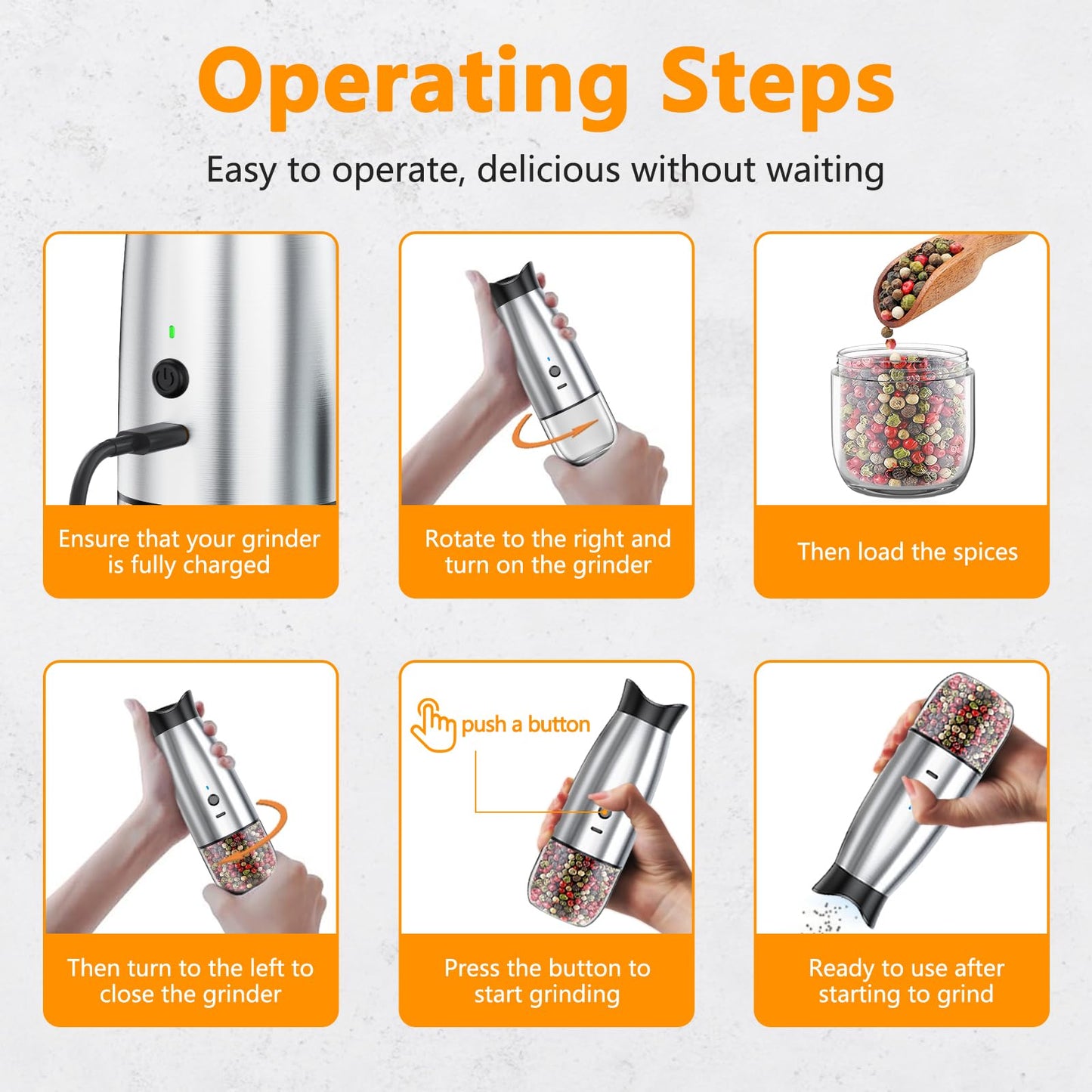 Gravity Electric Salt and Pepper Grinder Set, USB Rechargeable, No Battery Needed, Adjustable Coarseness, Automatic Mill Grinder with Warm LED Light, One Hand Operated for Kitchen, Restaurant, Outdoor