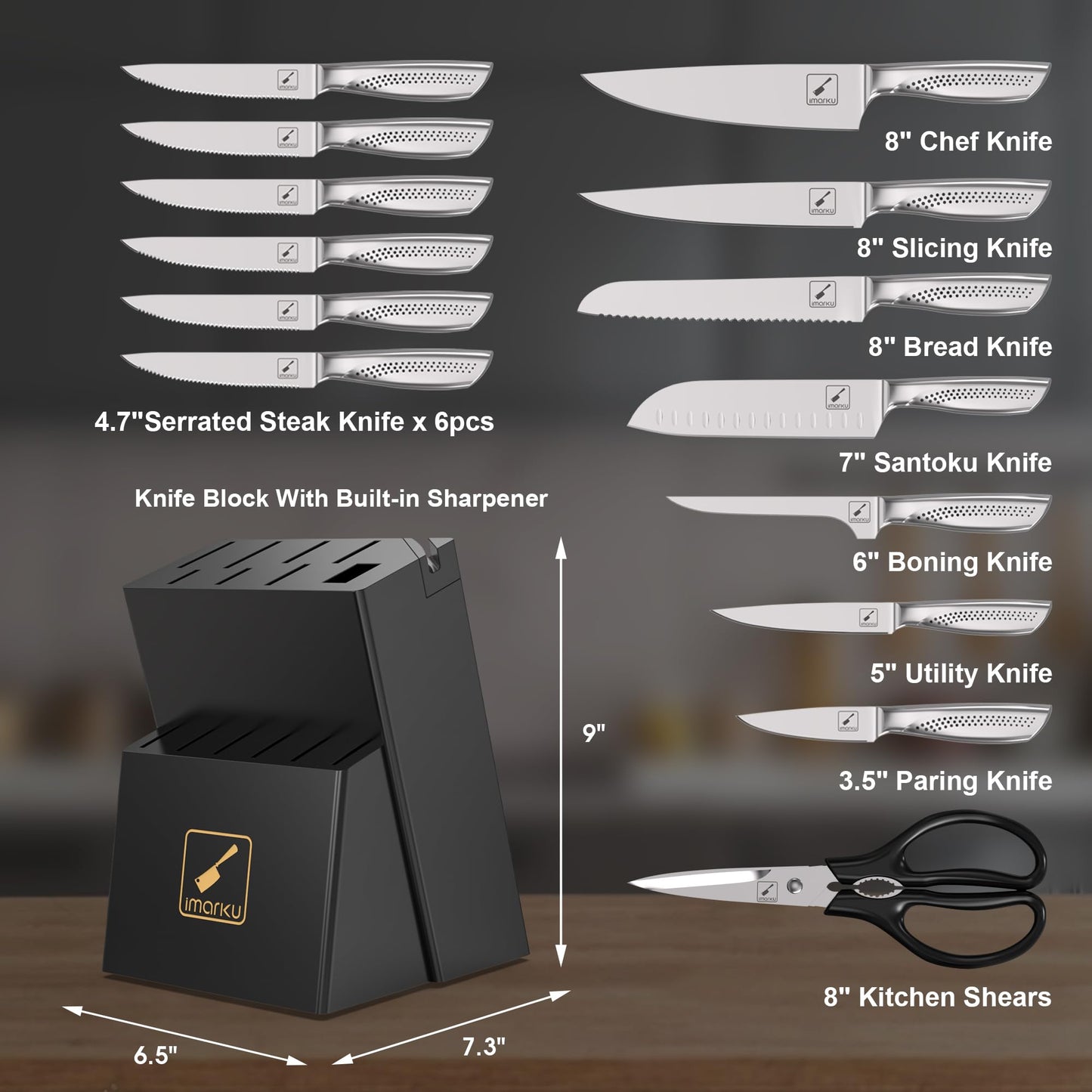 imarku Knife Set,15 PCS Kitchen Knife Set With Block, Premium HC Stainless Steel Knife Block Set With Built-in Sharpener, Kitchen Knives With Ergonomic Handle, Dishwasher Safe, Mothers Day Gifts, Black