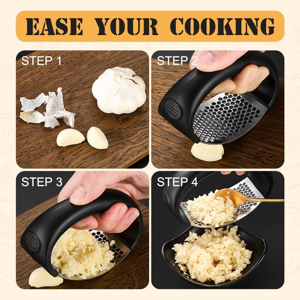 IKAROJSFII 2025 Upgraded Stainless Steel Garlic Crusher, Garlic Press Rocker Garlic Mincer Masher Home Kitchen Gadgets Utensils Portable Manual Garlic Grater (1, black)