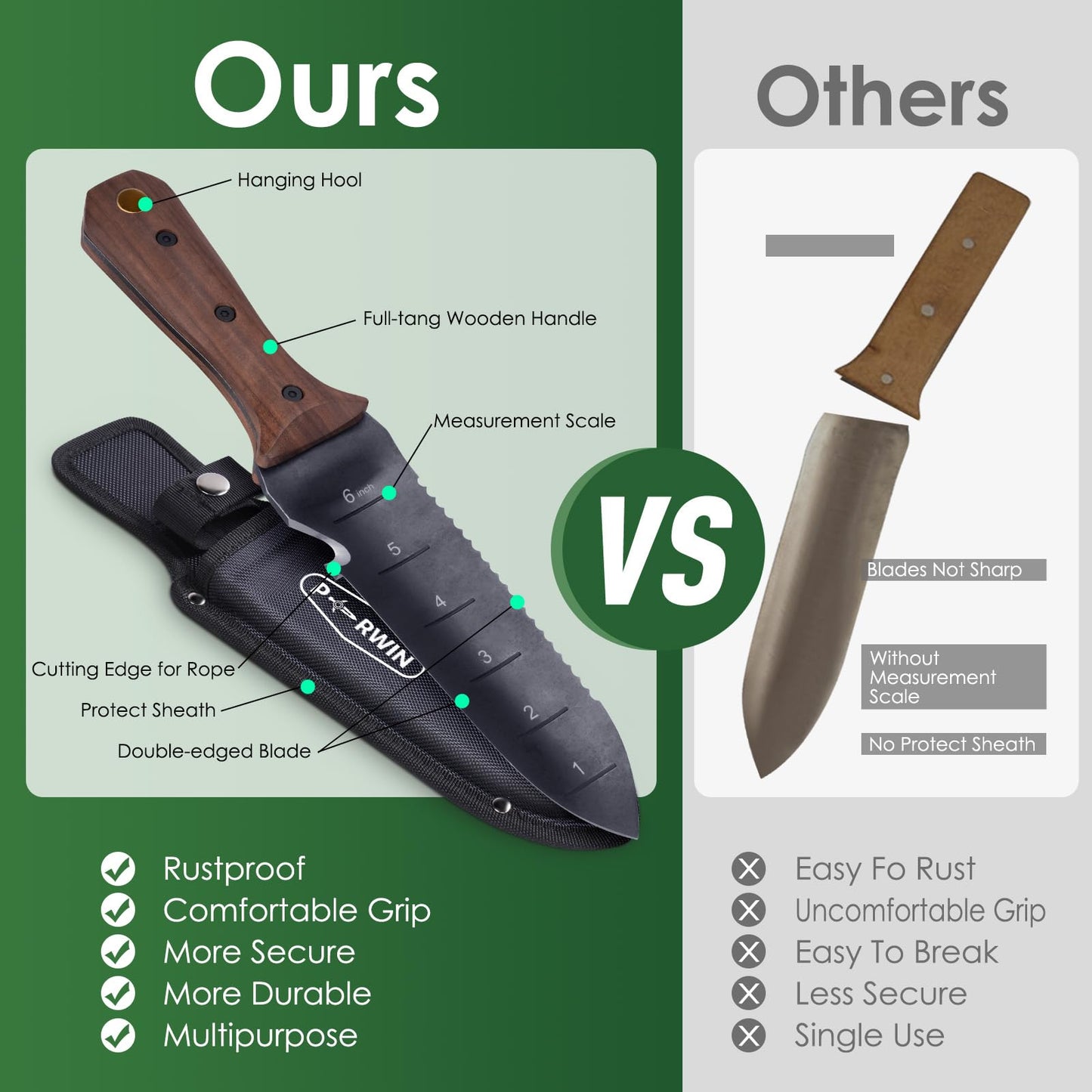 PERWIN Hori Hori Garden Knife, Garden Tools with Sheath for Weeding,Planting,Digging, 7" Stainless Steel Blade with Cutting Edge, Full-Tang Wood Handle with Hanging Hole